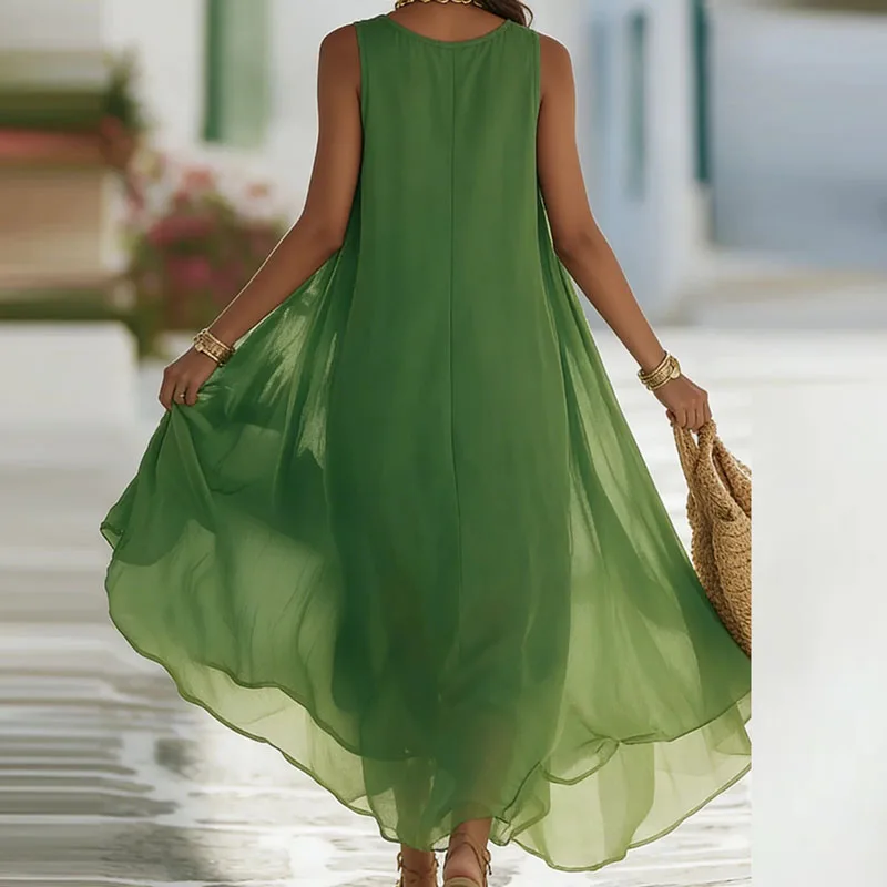 Boho Sleeveless Summer Beach Vacation Maxi Dress Woman Spring V Neck Lace Trim Pleated Long Dress Loose Casual Swing Party Dress - Image 2