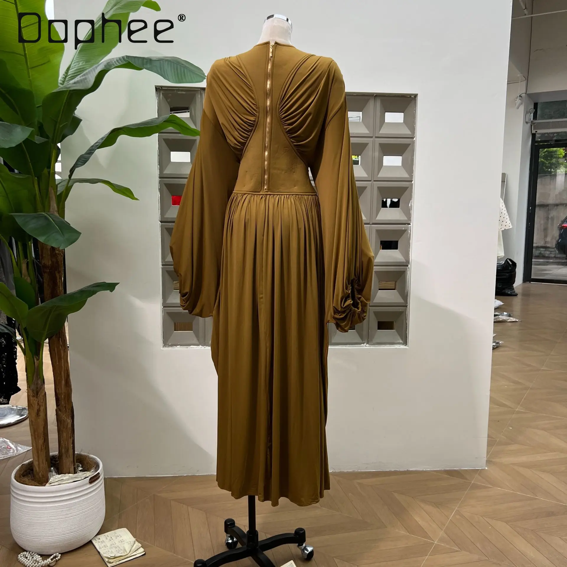European American Women Clothing Fashion Bat Long-sleeved High-waisted Dress High-end Elegant Mid-length Dress Evening Dresses - Image 6