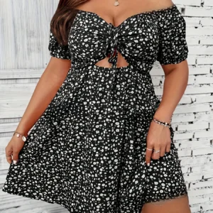 Plus Size Summer Women Elegant Floral Print Dress Casual Vacation Off the Shoulder Strapless Dresses