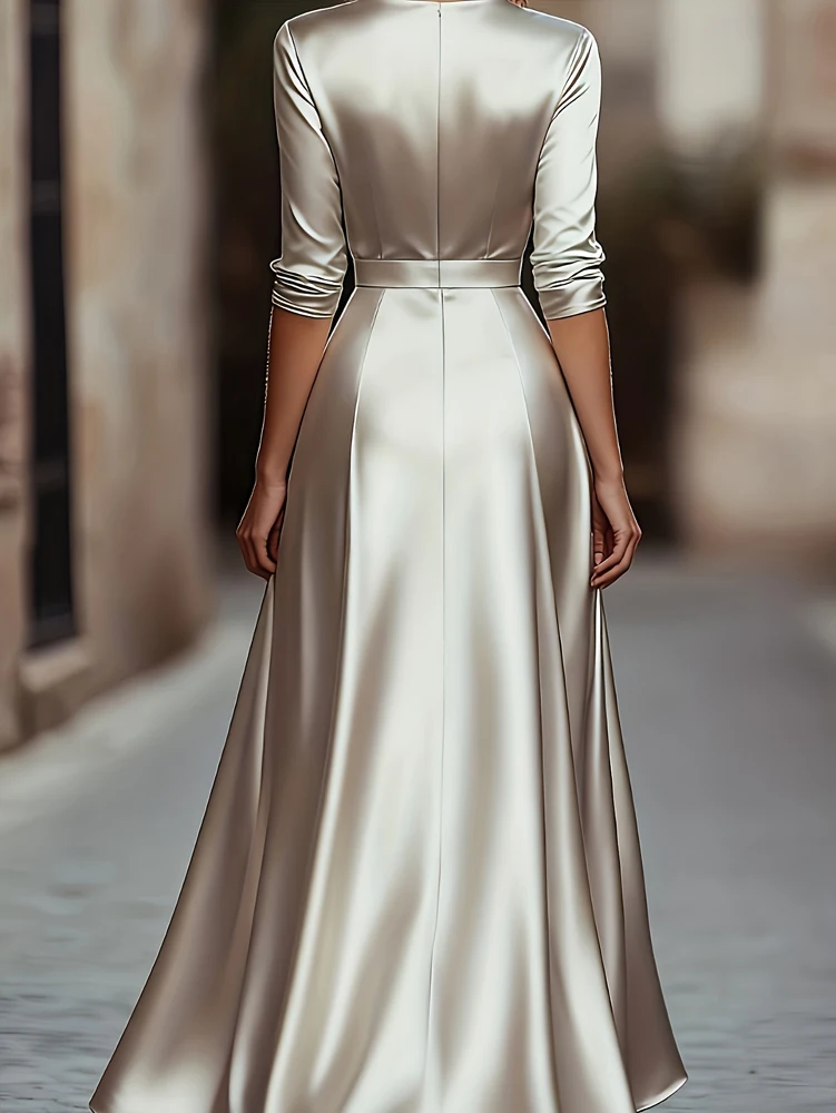 Spring/Autumn Collection: French-inspired Elegance Luxury-feel V-neck Long-sleeved Fitted Waist Dress Evening Gown for Banquets - Image 2