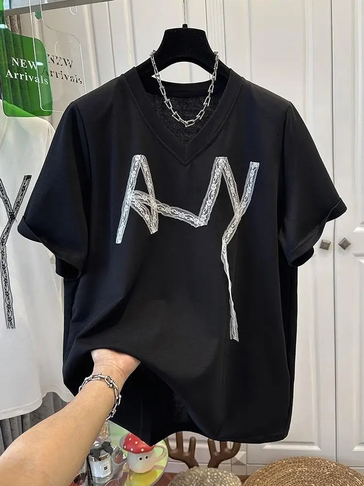 Summer Tshirts Women Chest Lace Stitching T-Shirt Fashion Tops Ladies Chic T-Shirt Female Short Sleeve Casual Tee - Image 4