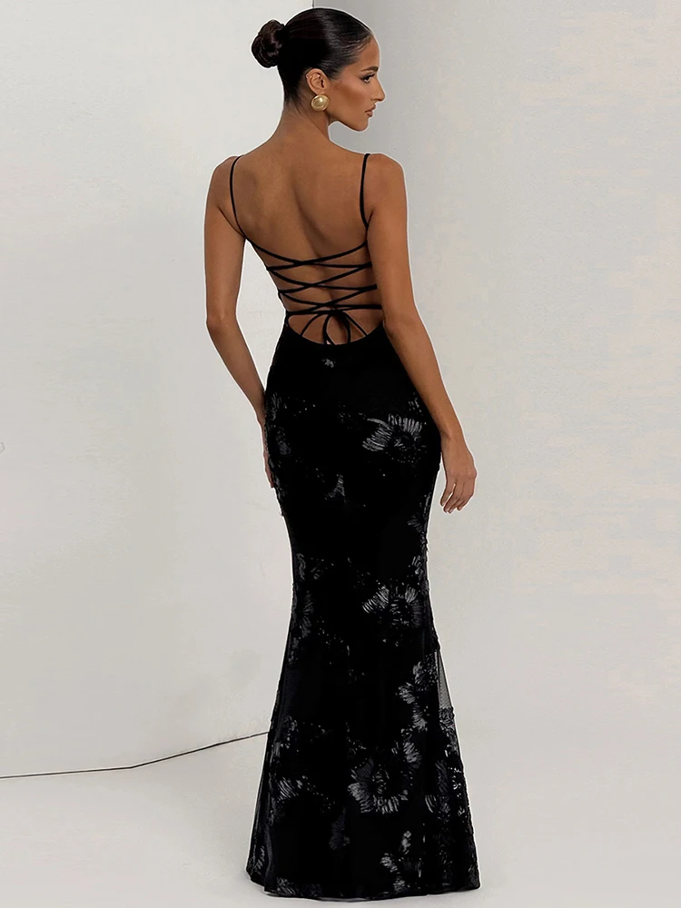 Weird Puss Flower Embroidery Maxi Dress Women Low-Neck Cross Bandage Backless Summer Street New Trend Skinny Elegant Vestidos - Image 3