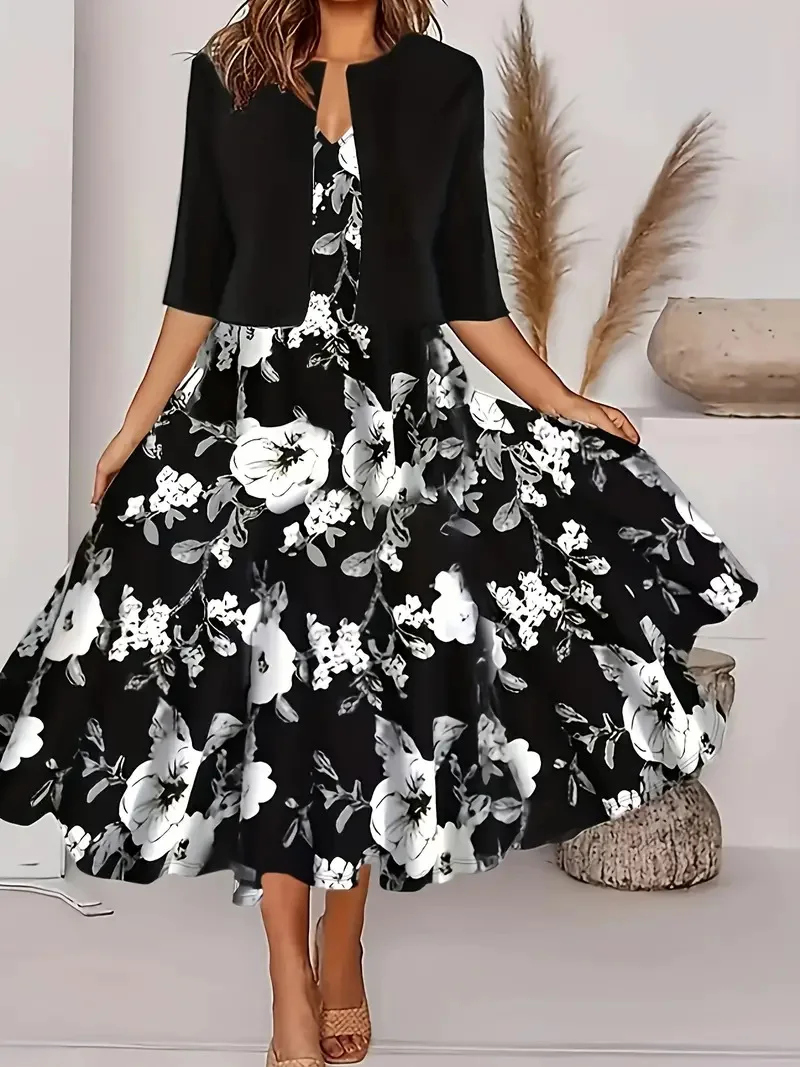 2024 Europe and the United States autumn new women's long dress two-piece set of floral print round neck dress coat women - Image 4