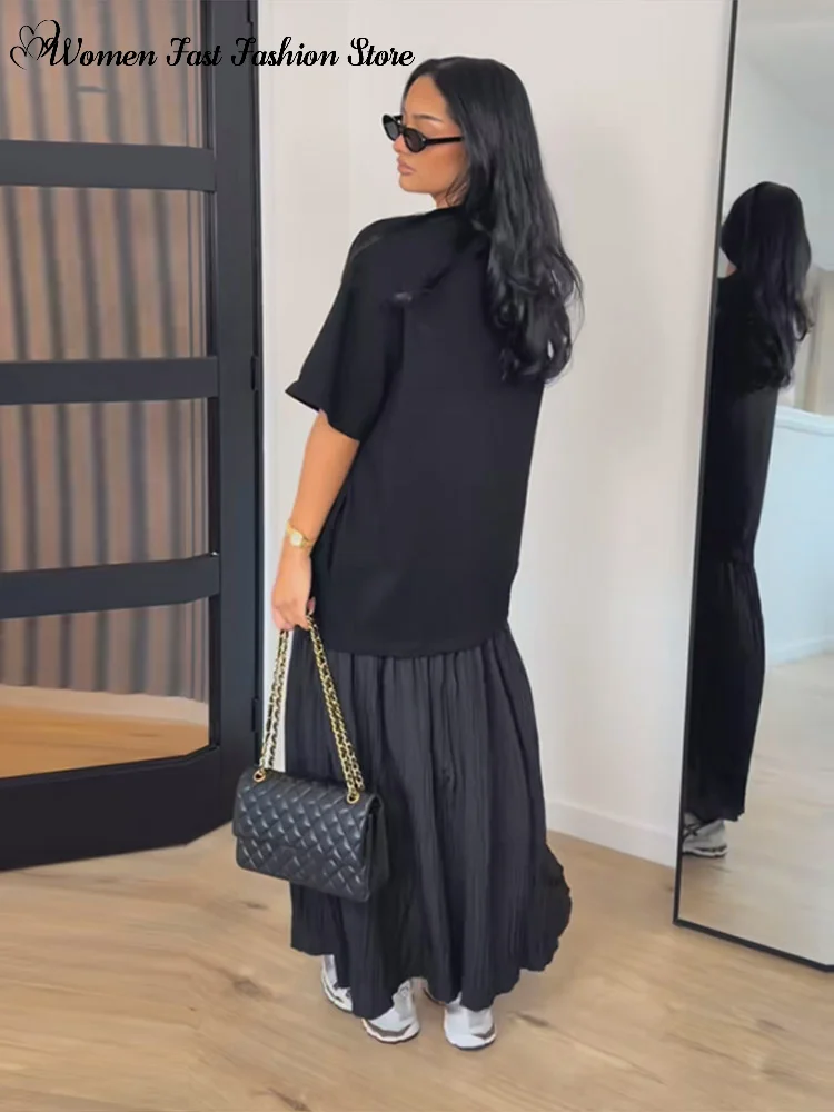 2026 Summer New Loose Patchwork Dresses Women's Pleated Fashion Short Sleeve O-neck Long Robes Female Elegant Casual Dress - Image 6