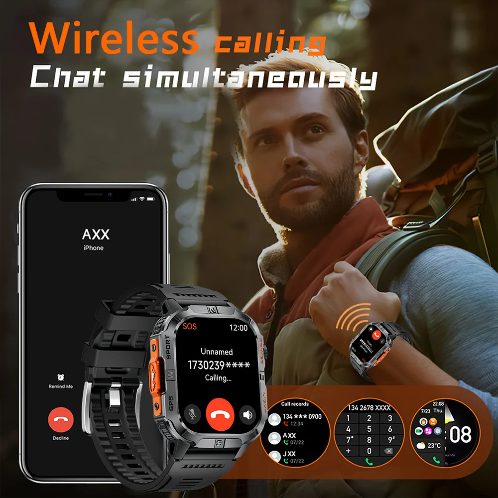 2026 New Outdoor Military Men's Smartwatch Is Equipped With GPS LED Lighting, A Compass, Wireless Communication, IP68 Waterproof - Image 4