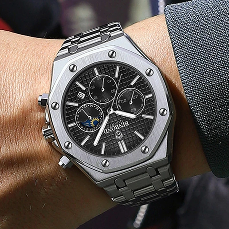 BINBOND 0161 Fashionable Men's Quartz Watch Three Eye Six Needle Chronograph Waterproof Luminous Calendar Men's Quartz Watch