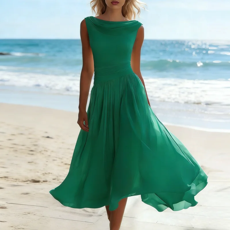Spring Summer Sleeveless Cowl Neck Maxi Dress Woman Elegant Solid Ruched Waist A-Line Party Dresses Casual Boho Long Dress Mujer - Image 5