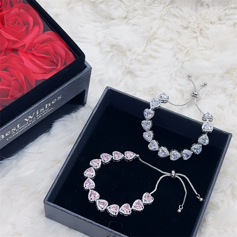 New in pink gemstone heart-shaped bracelets for women with adjustable high-end light luxury white bracelet wedding jewelry gift - Image 2