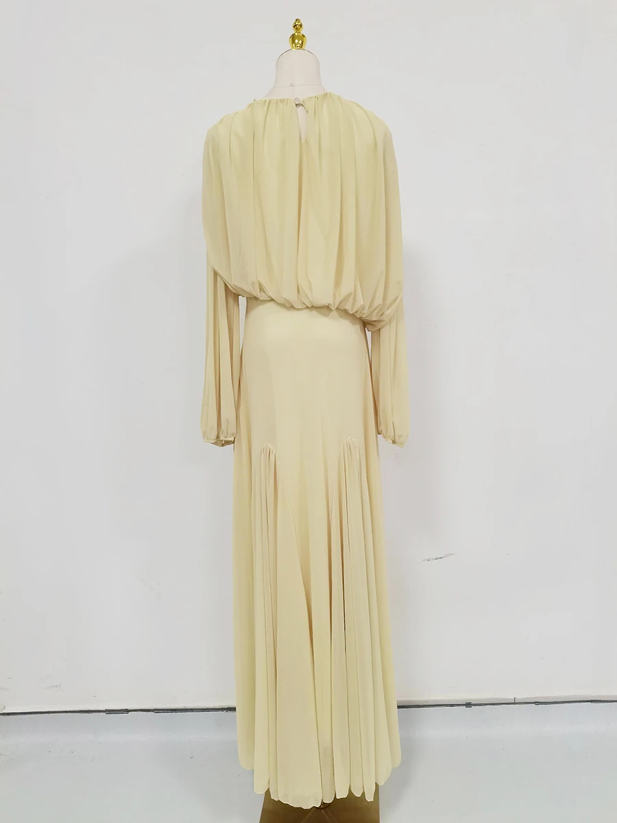 VGH Yellow Dinner Loose Folds Maxi Dresses for Women O Neck Shoulder Pud High Waist Temperament Dress Female Fashion Clothing - Image 6