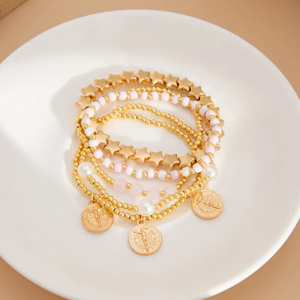 Retro Round Carved Pendant Bracelet 2026 Multi Layer Gold Color Star Round Bead Elastic Thread Woven Girls' Fashion Jewelry - Image 5
