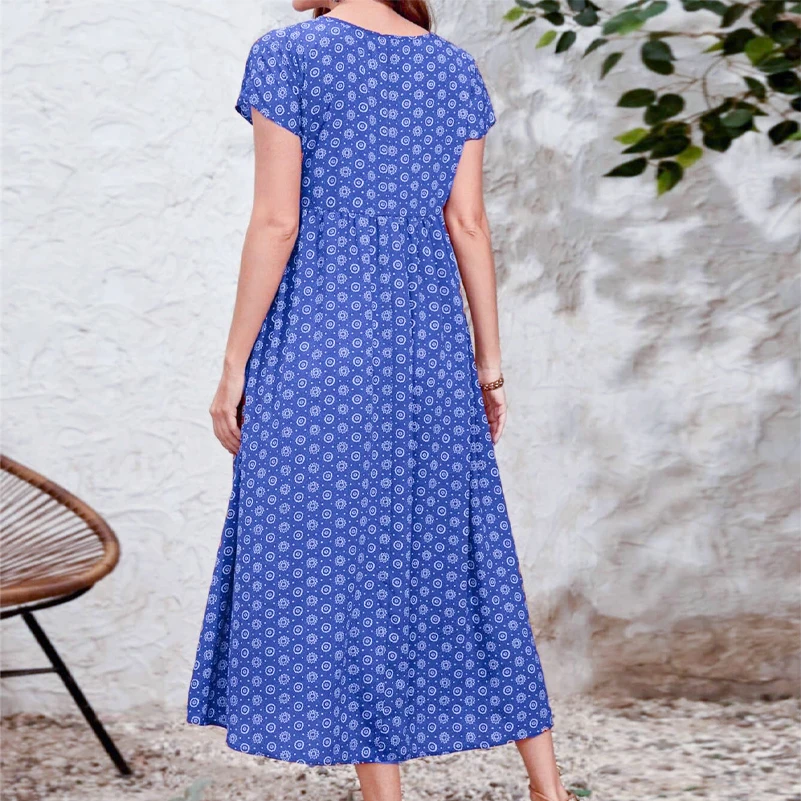 Plus size women's dress, Bohemian ethnic style printed V-neck batball sleeve dress, elastic waist, with pockets - Image 6