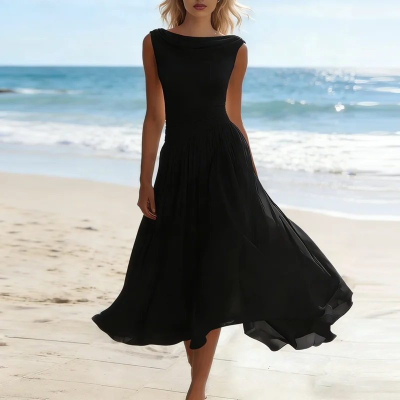 Spring Summer Sleeveless Cowl Neck Maxi Dress Woman Elegant Solid Ruched Waist A-Line Party Dresses Casual Boho Long Dress Mujer - Image 6