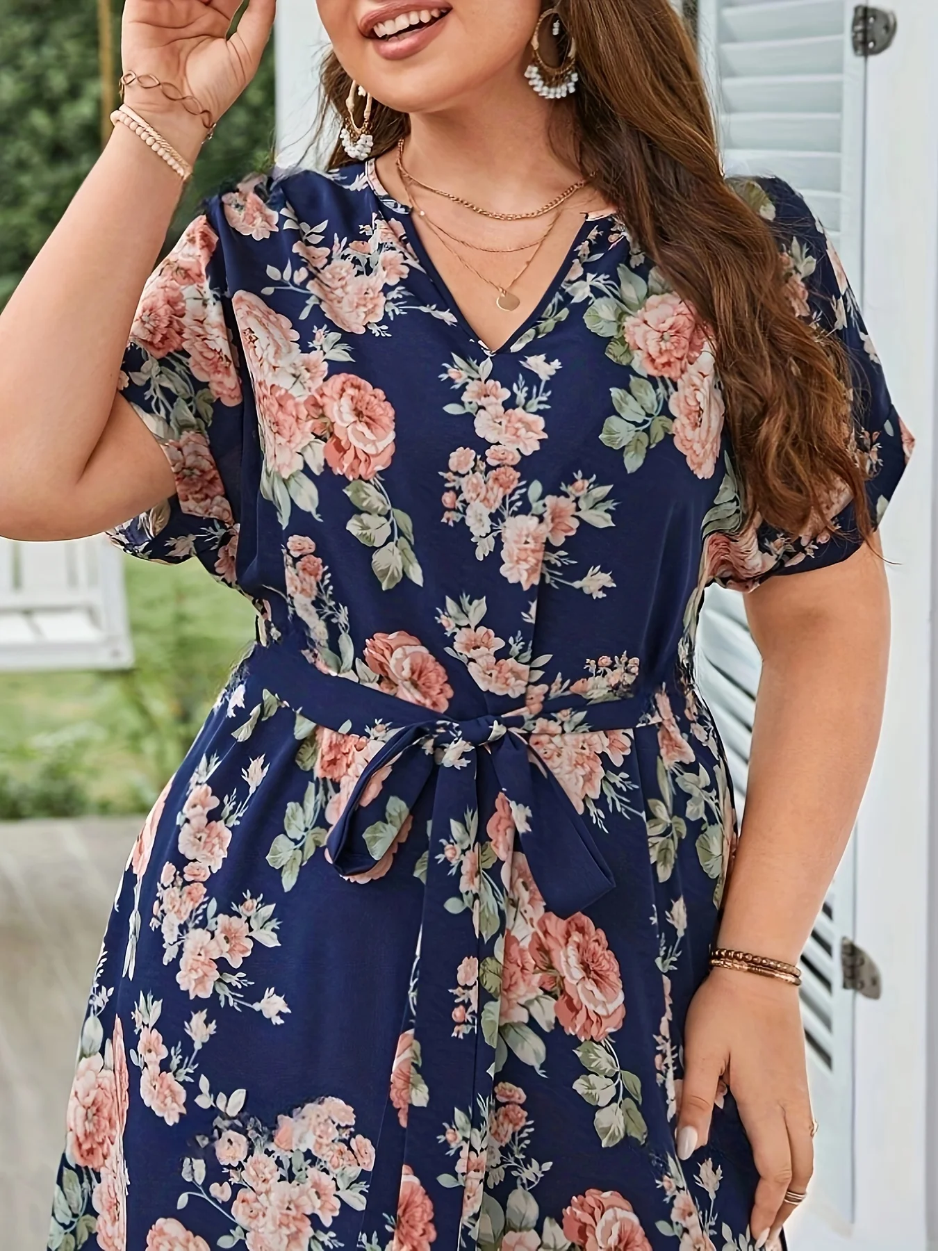 Plus Size Summer Women Elegant Dress Vacation Vintage Floral Print Casual V Neck Lace Up Dresses - Image 3