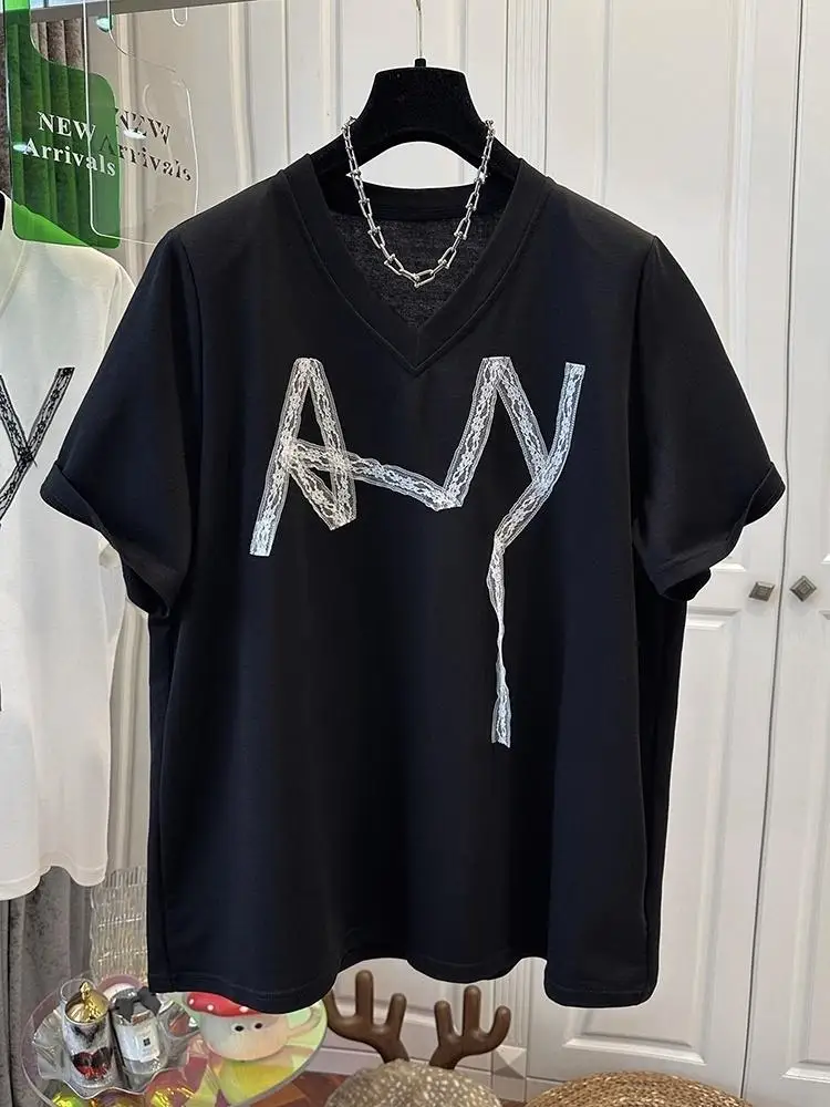 Summer Tshirts Women Chest Lace Stitching T-Shirt Fashion Tops Ladies Chic T-Shirt Female Short Sleeve Casual Tee - Image 2