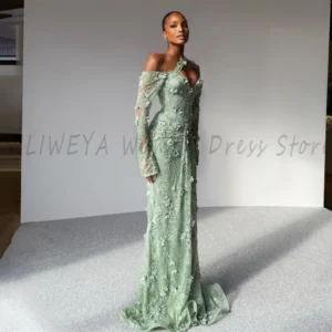 Gorgeous Mint Green Lace Flower Applique Women Evening Dress Off The Shoulder Long Sleeves Floor Length Mermaid Prom Gowns