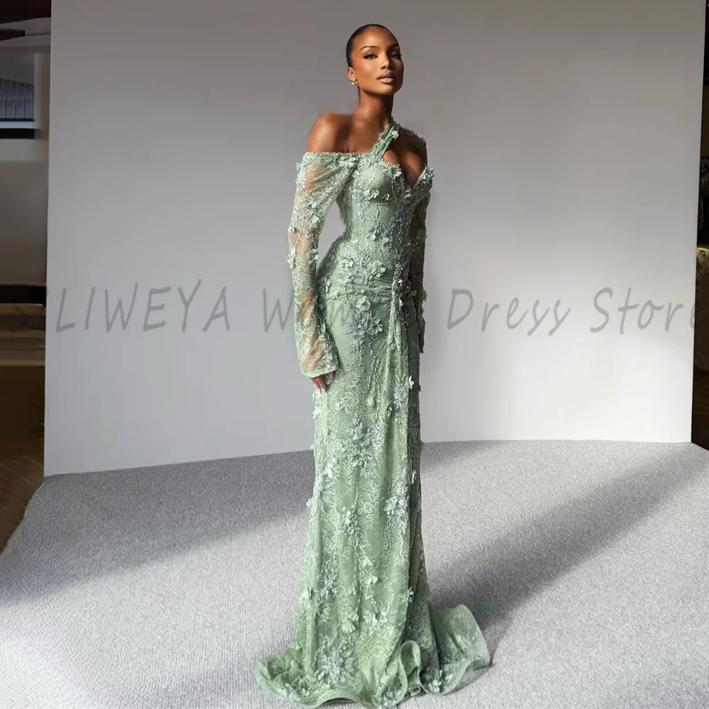 Gorgeous Mint Green Lace Flower Applique Women Evening Dress Off The Shoulder Long Sleeves Floor Length Mermaid Prom Gowns
