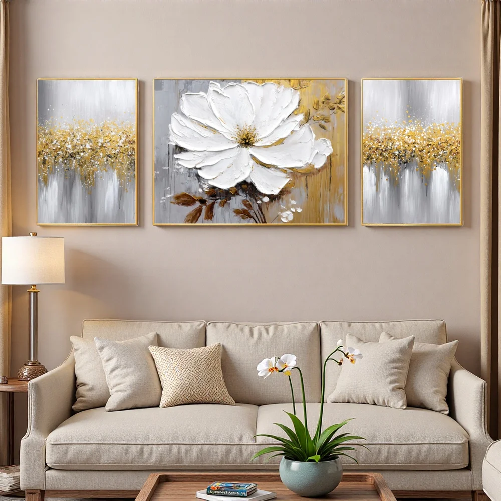 3D Thick Texture Hand-Painted Triple Floral Canvas Oil Painting Home Decor Art for Bedroom Living Room - Image 2
