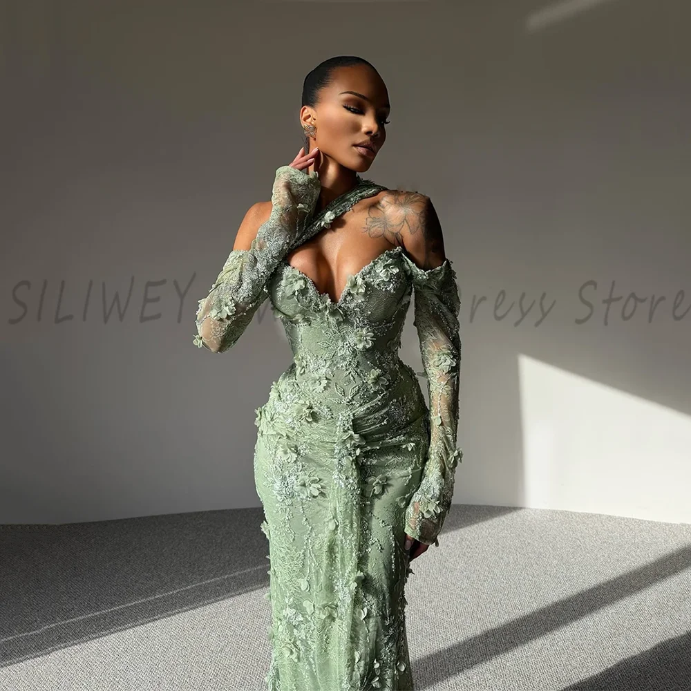 Gorgeous Mint Green Lace Flower Applique Women Evening Dress Off The Shoulder Long Sleeves Floor Length Mermaid Prom Gowns - Image 2