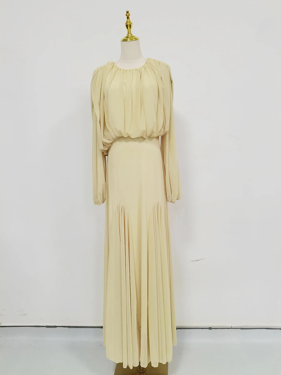 VGH Yellow Dinner Loose Folds Maxi Dresses for Women O Neck Shoulder Pud High Waist Temperament Dress Female Fashion Clothing - Image 4