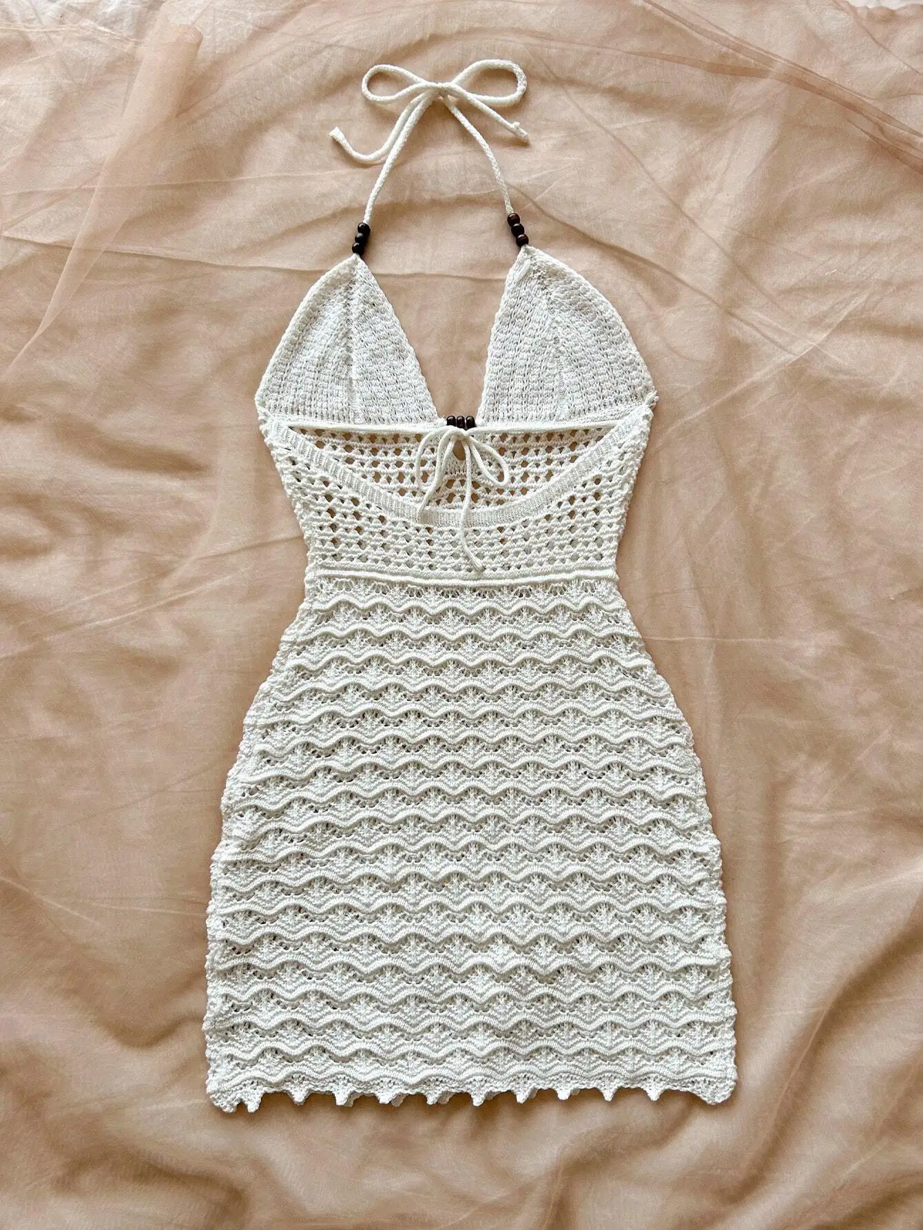 Women's V-Neck Strapless Dress, Hollow Out, Wooden Bead, Slim Fit, Gradient Color, Knitted, Sexy, Vacation Wear - Image 2