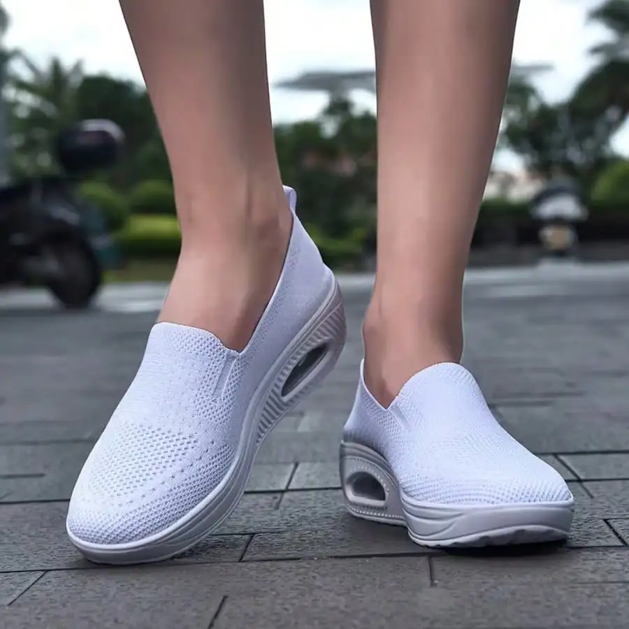 Ladies White Slip-On Air Cushion Wedge Sneakers, Breathable Mesh Casual Walking Shoes, Comfortable Platform Mules for Daily & Nu - Image 6
