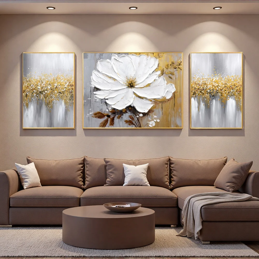 3D Thick Texture Hand-Painted Triple Floral Canvas Oil Painting Home Decor Art for Bedroom Living Room - Image 3