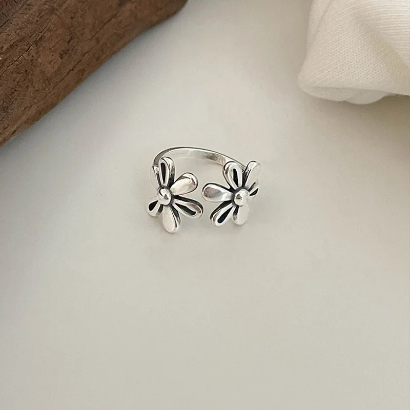Sweet Little Lucky Flower Vintage Thai Silver Ladies Party Ring Jewelry For Women Birthday Gifts Never Fade Cheap - Image 2