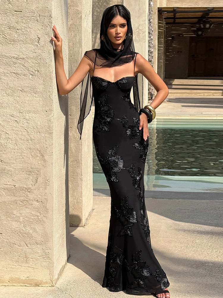 Weird Puss Flower Embroidery Maxi Dress Women Low-Neck Cross Bandage Backless Summer Street New Trend Skinny Elegant Vestidos - Image 2
