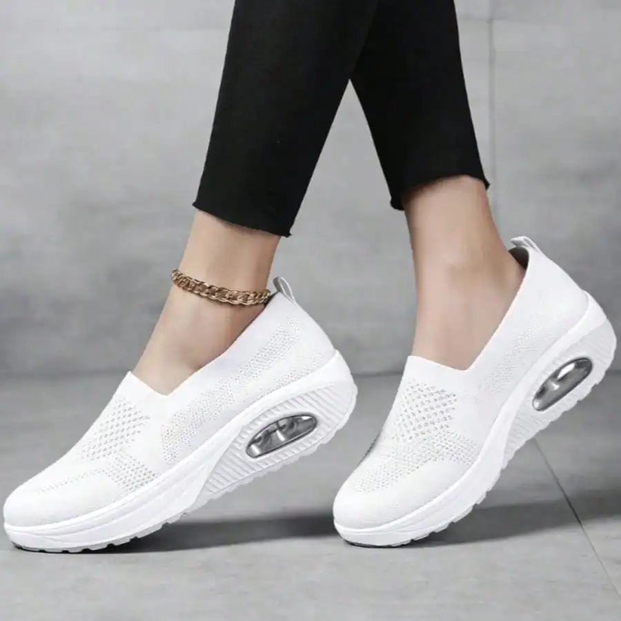 Ladies White Slip-On Air Cushion Wedge Sneakers, Breathable Mesh Casual Walking Shoes, Comfortable Platform Mules for Daily & Nu - Image 2
