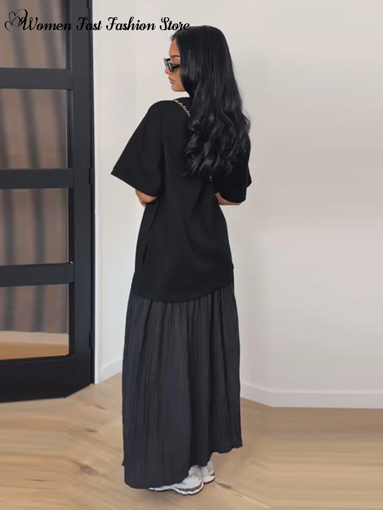 2026 Summer New Loose Patchwork Dresses Women's Pleated Fashion Short Sleeve O-neck Long Robes Female Elegant Casual Dress - Image 4