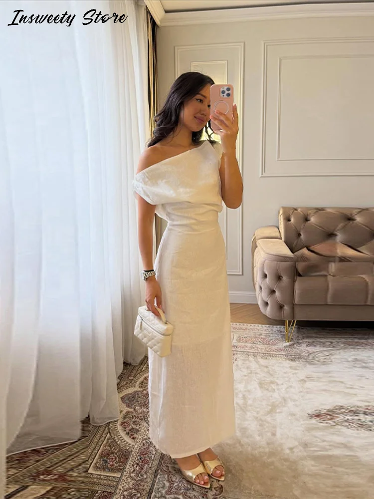 Elegant One Shoulder Solid Dress Women's Waist-cinching Side Split Ankle-length Dresses 2026 Summer New Lady Casual Cozy Robes - Image 6