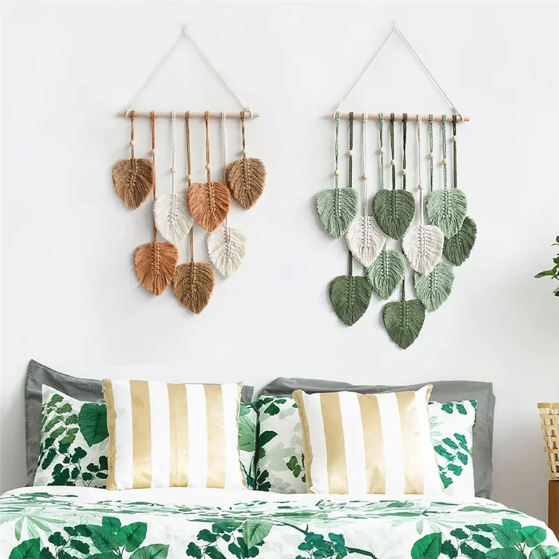 Leaf Macrame Wall Hanging Boho Room Home Decor Woven Aesthetic Wall Tapestry Home Room Wedding Decoration Green - Image 6