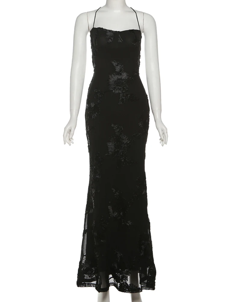 Weird Puss Flower Embroidery Maxi Dress Women Low-Neck Cross Bandage Backless Summer Street New Trend Skinny Elegant Vestidos - Image 6