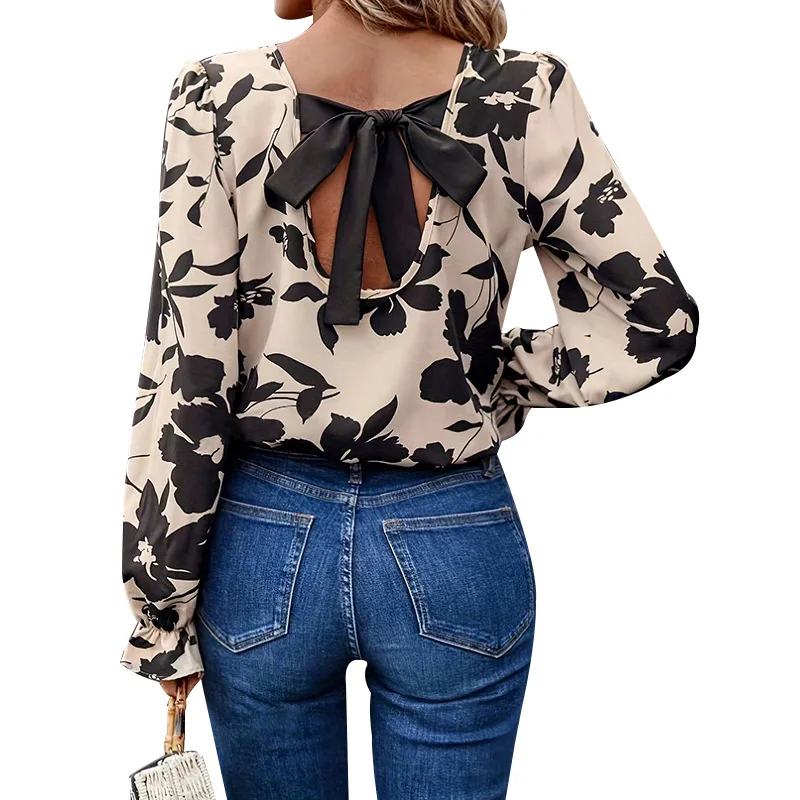 Blouse Top Women Flower Print Backless Lace Up Round Collar Full Sleeve Tops Streetwear Female Blouses Spring Summer 2026 - Image 2