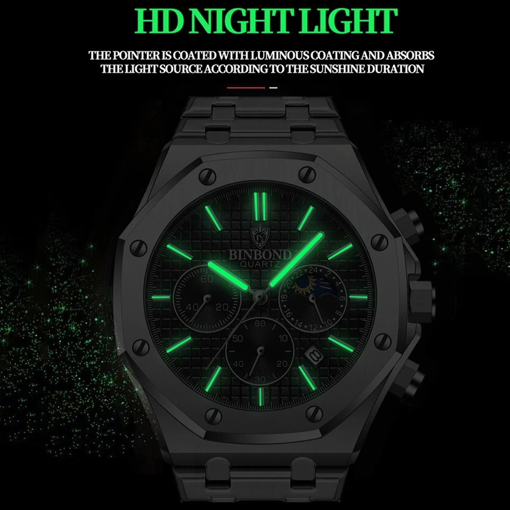 BINBOND 0161 Fashionable Men's Quartz Watch Three Eye Six Needle Chronograph Waterproof Luminous Calendar Men's Quartz Watch - Image 3