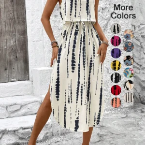 Women's Summer Spaghetti Strap Dress with Belt & Side Slit - Casual Sleeveless Flowy Dress