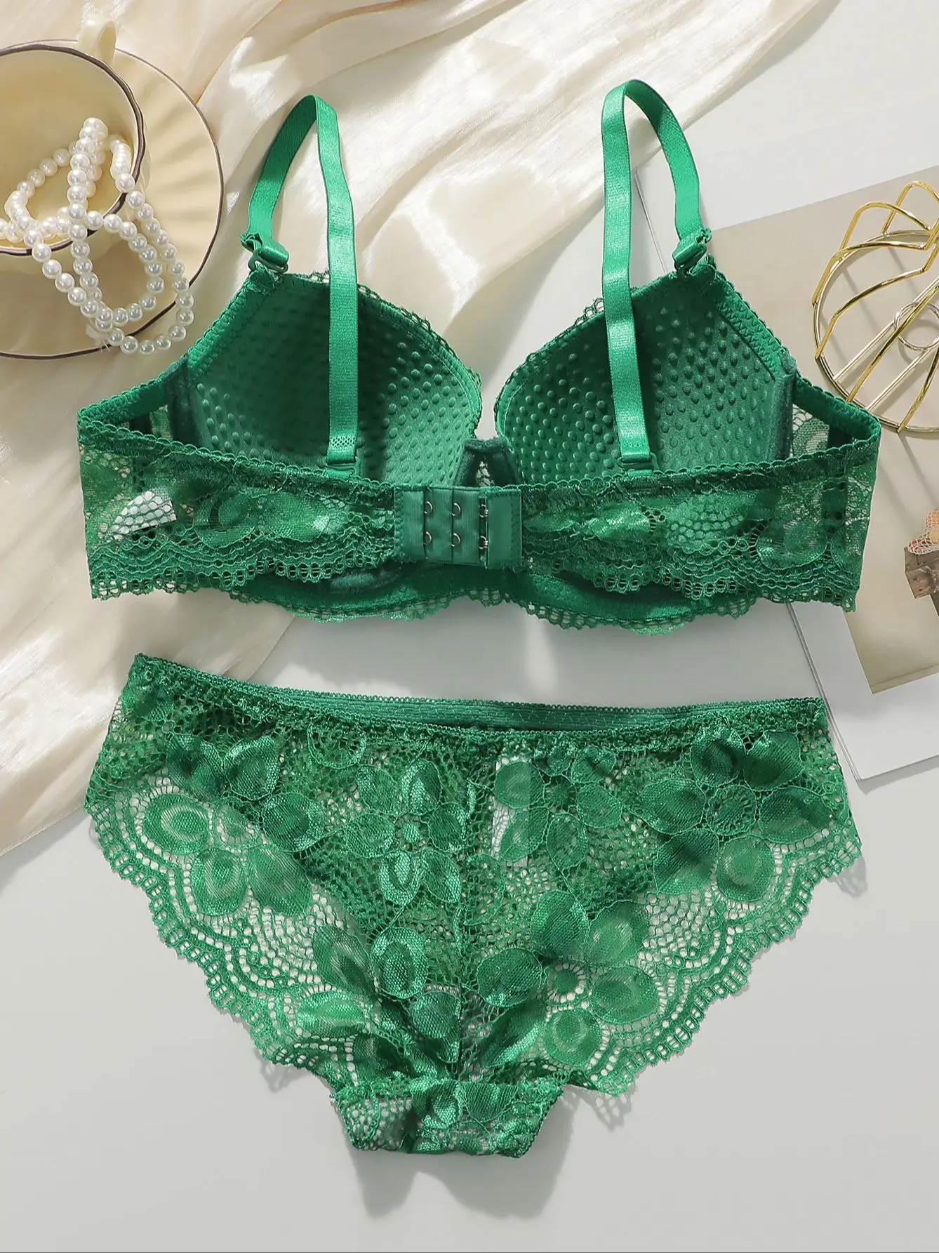 Elegant Green Lace Bra and Panty Set with Underwire & Padded Cups Push Up Demi Bras & Matching Brief for Women Lingerie Set S-XL - Image 2