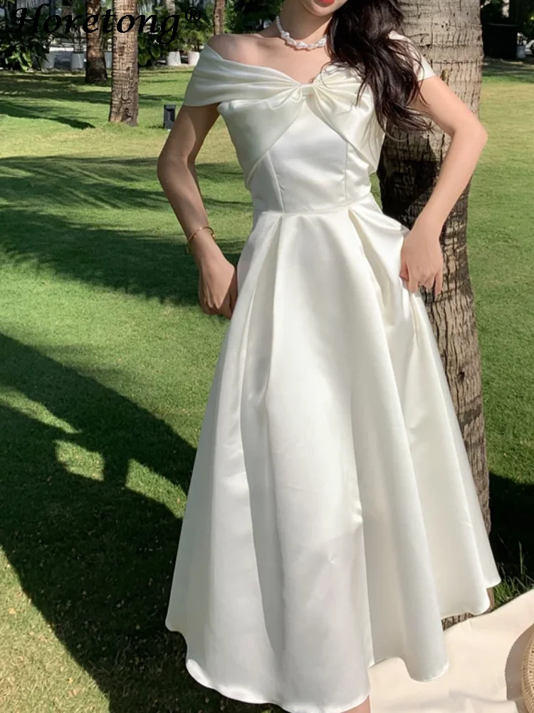 Horetong Bow Slash Neck Sexy Dress Summer Women White Fairy Elegant A-Line Midi Dresses Female Party Prom Clothes Vestdios - Image 3