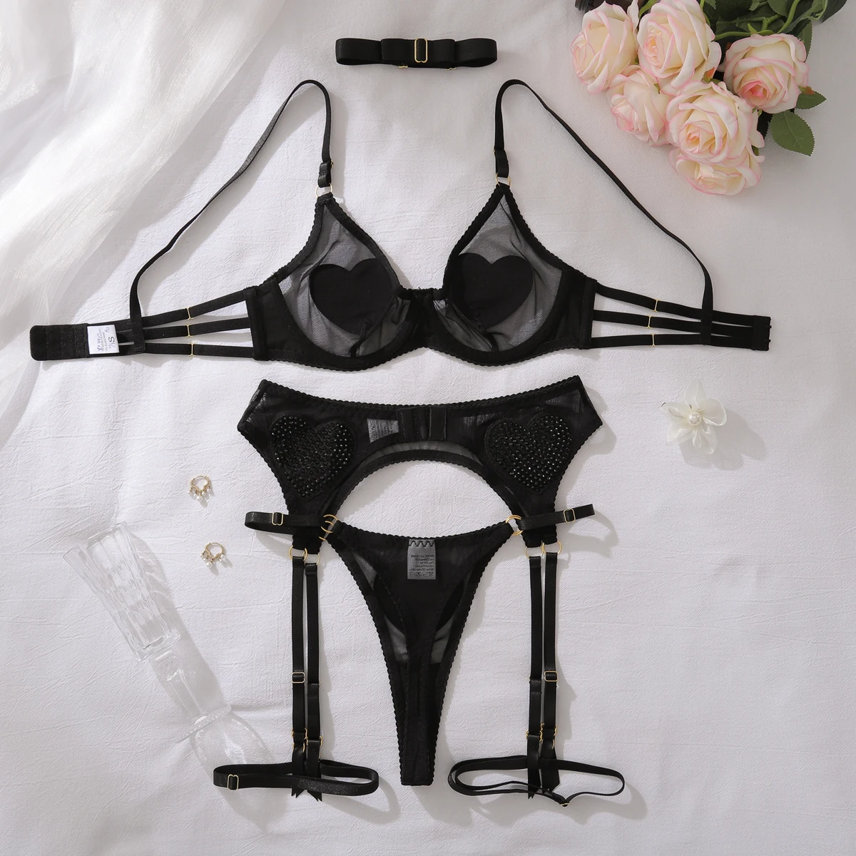 Ellolace Tempted Women's Lingerie Sets Daring Heart Rhinestone Bra Belt Thong 3PC with Choker Leg Circles Intimate Miss Outfits - Image 6