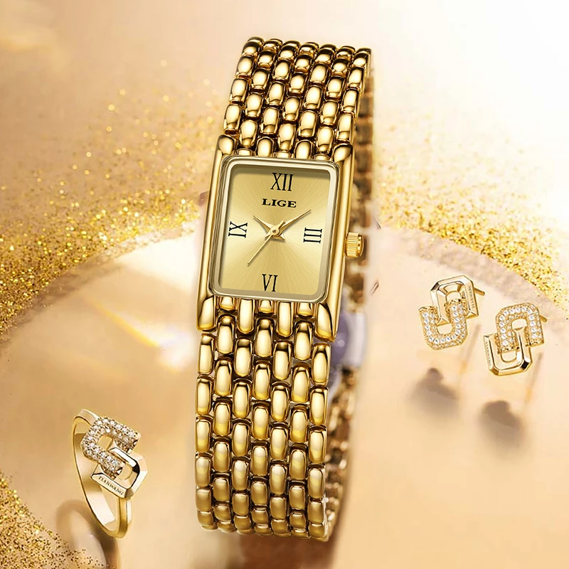 LIGE Fashion Women Watch Simple Square Gold Stainless Steel Waterproof Watches For Women Outdoor Sports Quartz Ladies Wristwatch - Image 4