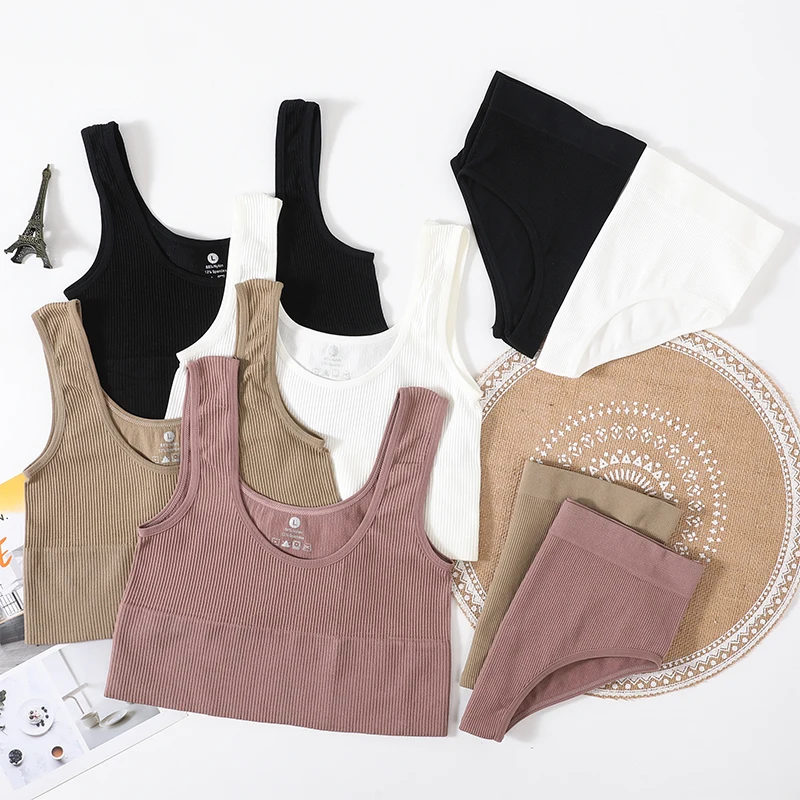Seamless Women Lingerie Set Rib Bralette Sports Crop Top High Waist Briefs Panties Light Support Bra Sexy Underwear Set